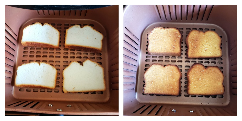 4 pieces of angel food cake toasting in a copper-colored air fryer basket