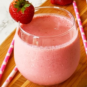 Indian Strawberry Lassi yogurt drink on ShockinglyDelicious.com