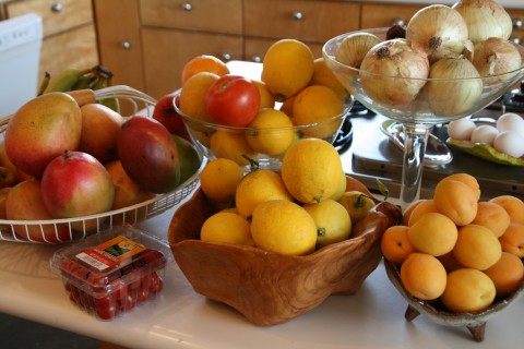 Ton of fruit on counter Fruits and Veggies Sticker Game