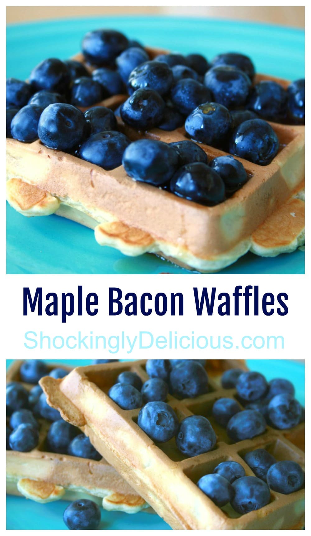 Maple Bacon Waffles with blueberries on top on a turquoise plate 