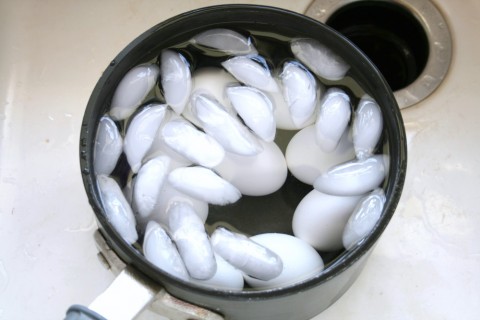 Ice cools down the eggs quickly after cooking