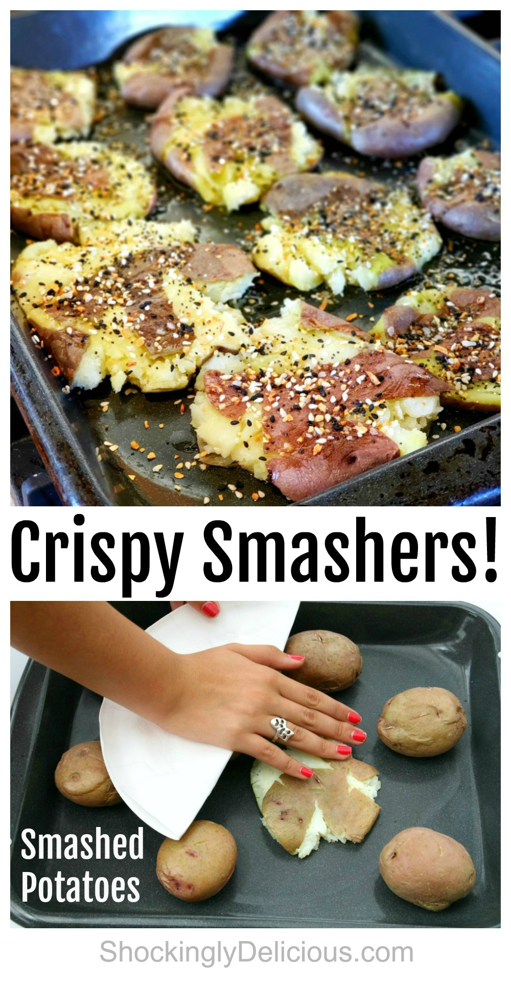Pinterest collage of Crispy Smashers Smashed Potatoes on ShockinglyDelicious.com
