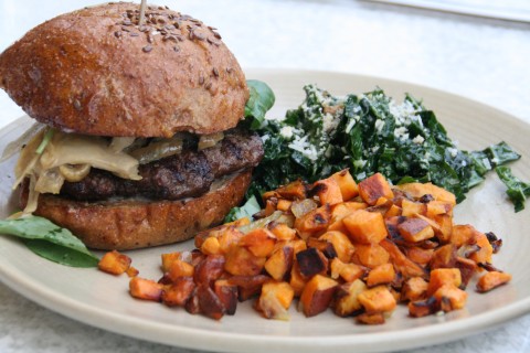Grass Fed Bison Burger with Kale Salad and Sweet Potato Hash Bison Burger from True Food Kitchen on Shockinglydelicious