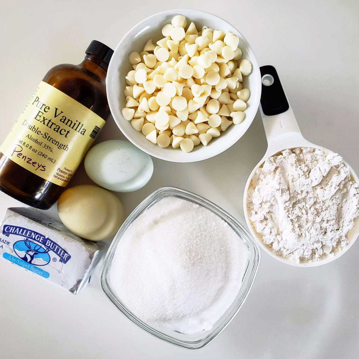 Ingredients on a white counter for White Chocolate Blondies from Fat Witch Brownies