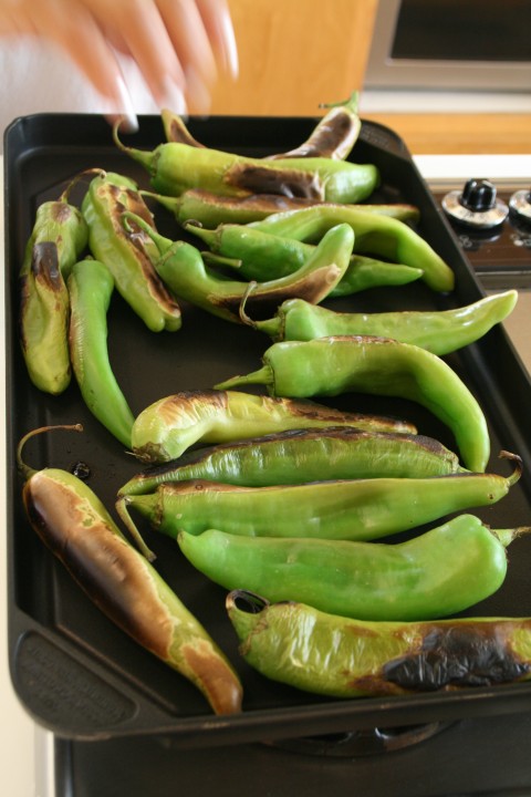 Hatch chiles roasting on a griddle pan