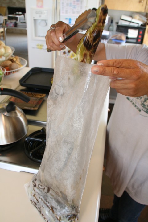 Hatch chiles into a plastic bag