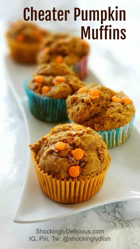 3-Ingredient Cheater Pumpkin Muffin recipe on ShockinglyDelicious.com