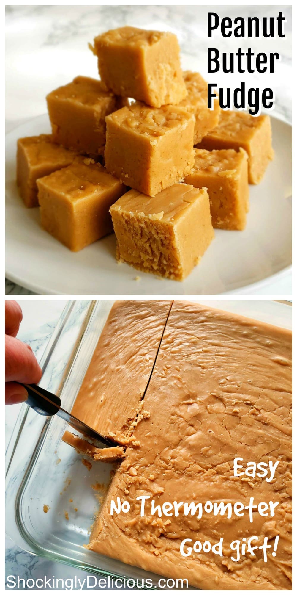 2 photos of Easy Peanut Butter Fudge on a marble counter on ShockinglyDelicious.com
