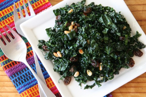 Raw Kale Salad with Raisins and Pine Nuts