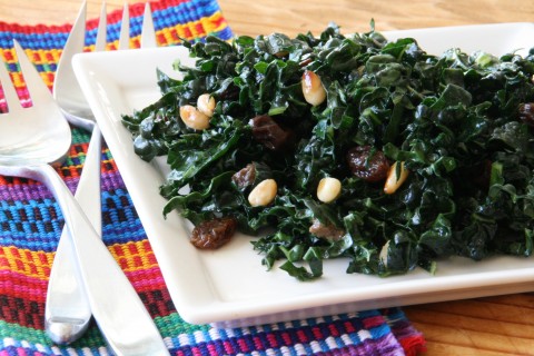Raw Kale Salad with Raisins and Pine Nuts