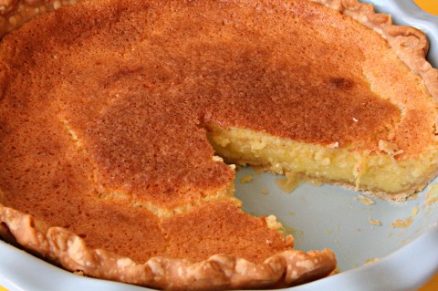Meyer Lemon Chess Pie with a piece gone