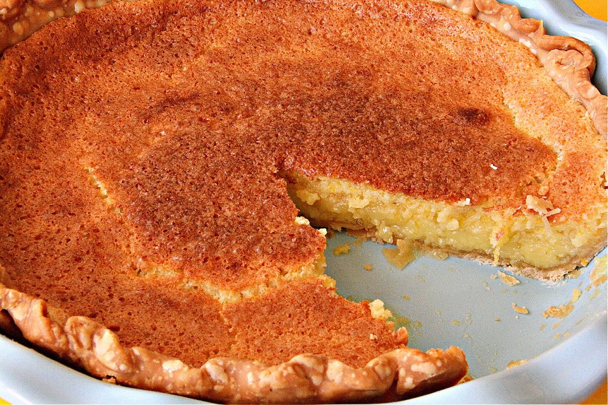 Meyer Lemon Chess Pie with a piece cut out from it