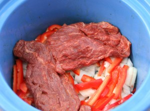 Meat into the Crock-Pot for carne asada