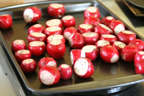 Radishes on baking sheet