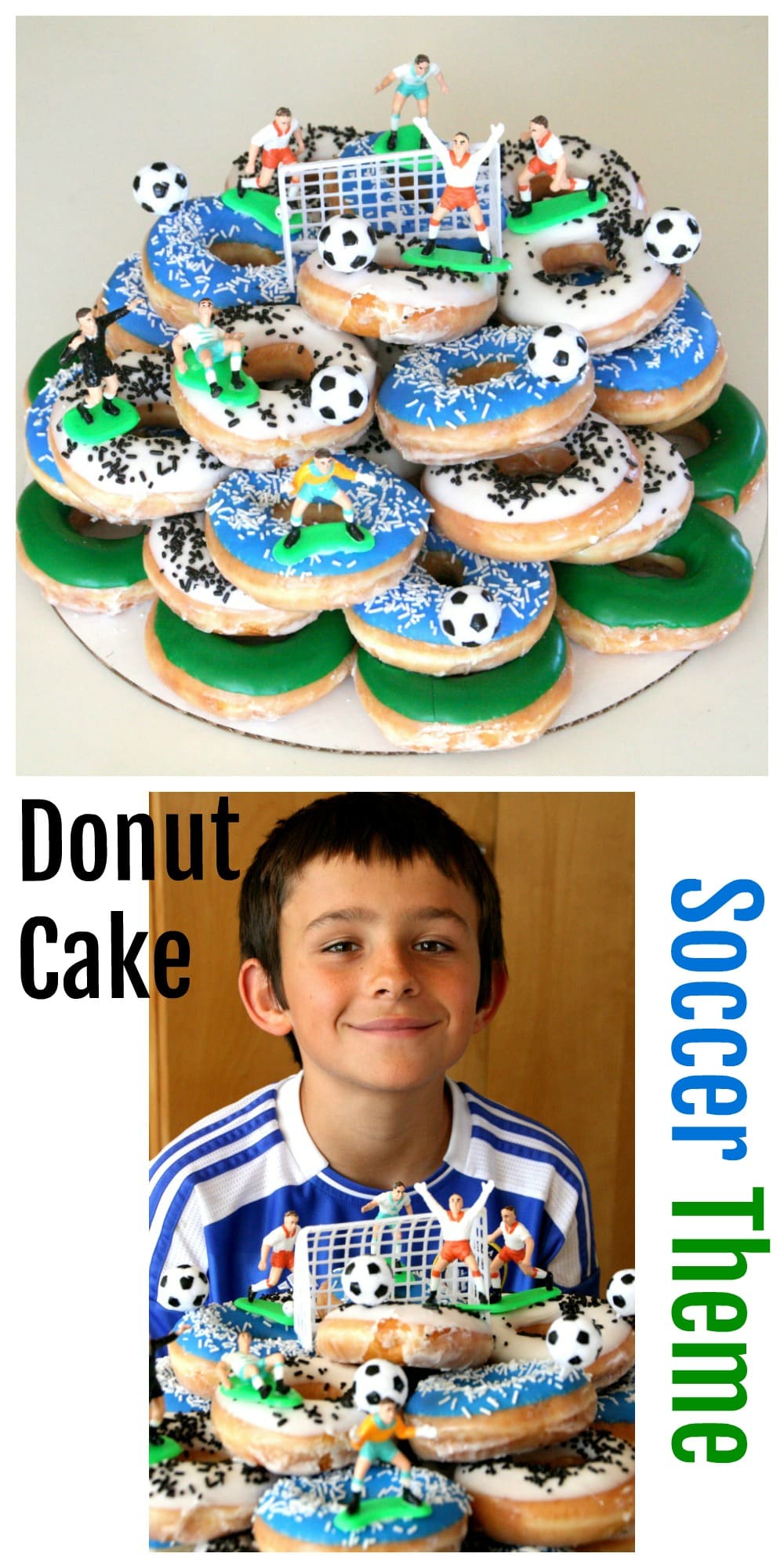 Donut Cake in top photo, soccer player with cake in bottom photo on ShockinglyDelicious.com