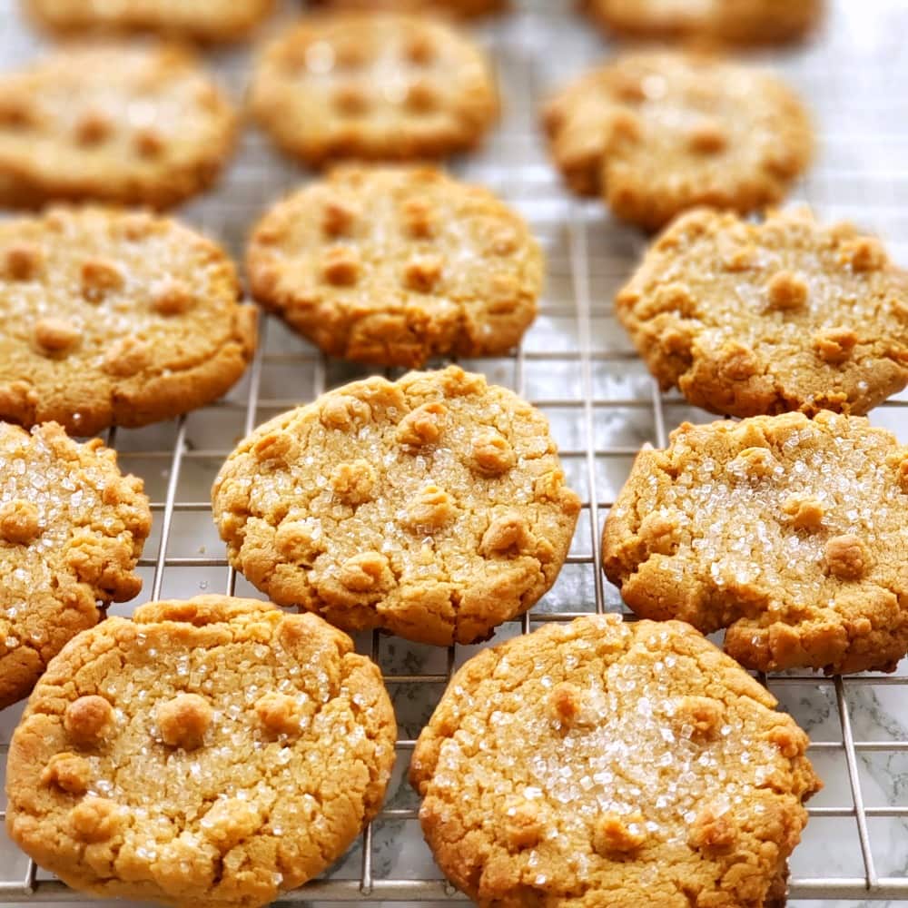 Flourless Peanut Butter Cookies with dots of dough on top, and sugar