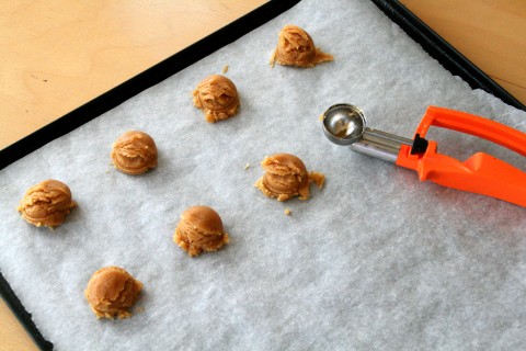 Cookies on parchment paper with an orange-handled cookie scoop