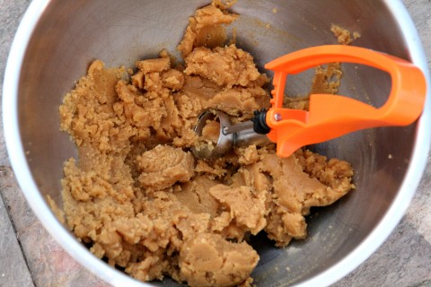 Orange-handled cookie scoop in the bowl with cookie dough