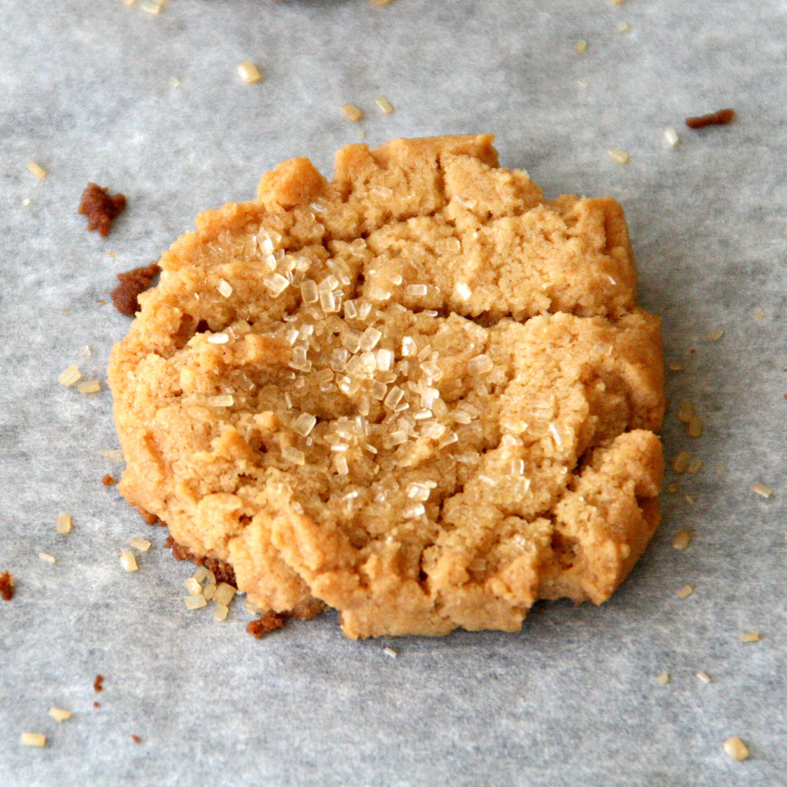 Coarse sugar crystals decorates the top of a peanut butter cookie