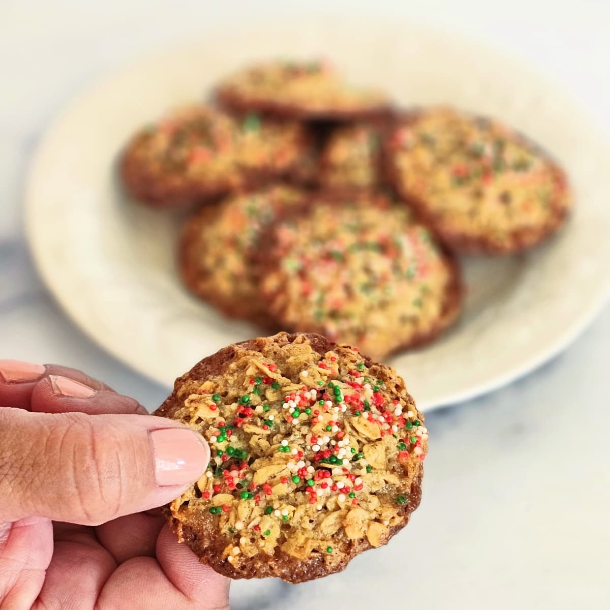 Hand holding a single oat cookie with a plate behind