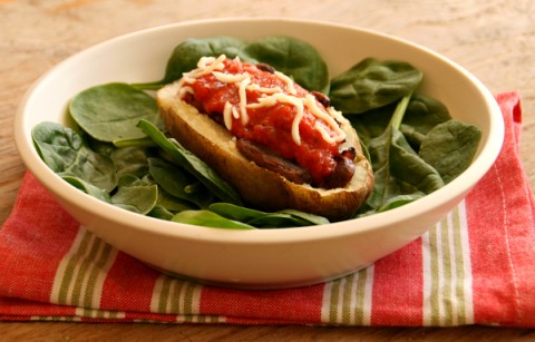 Pizza Potatoes over Sauteed Spinach