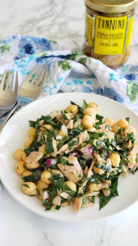 Tuna fillets go into the Lemony Garbanzo Kale Salad for a main dish