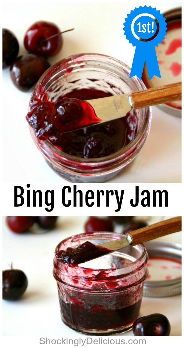 Jars of Blue Ribbon Bing Cherry Jam on a white counter