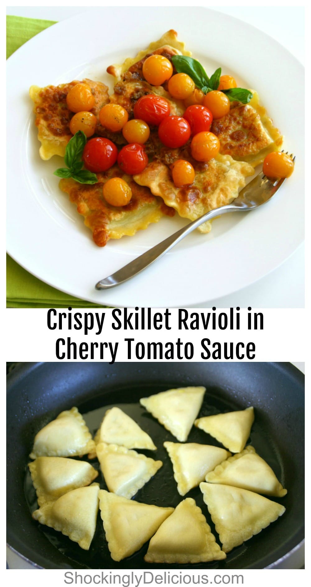 Crispy Skillet Ravioli in Cherry Tomato Sauce -- top photo on a white plate, bottom photo in a dark skillet