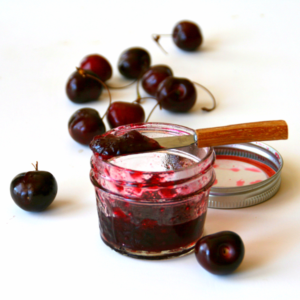 Bing Cherry Jam with a knife on top of the jar