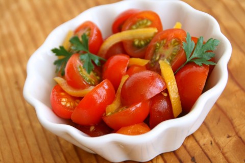 Cherry Tomato and Preserved Lemon Salad: Sweet from the cherry tomatoes, salty from preserved lemon, with a slight kick from Hatch chiles, this salad is a perfect summer side dish.