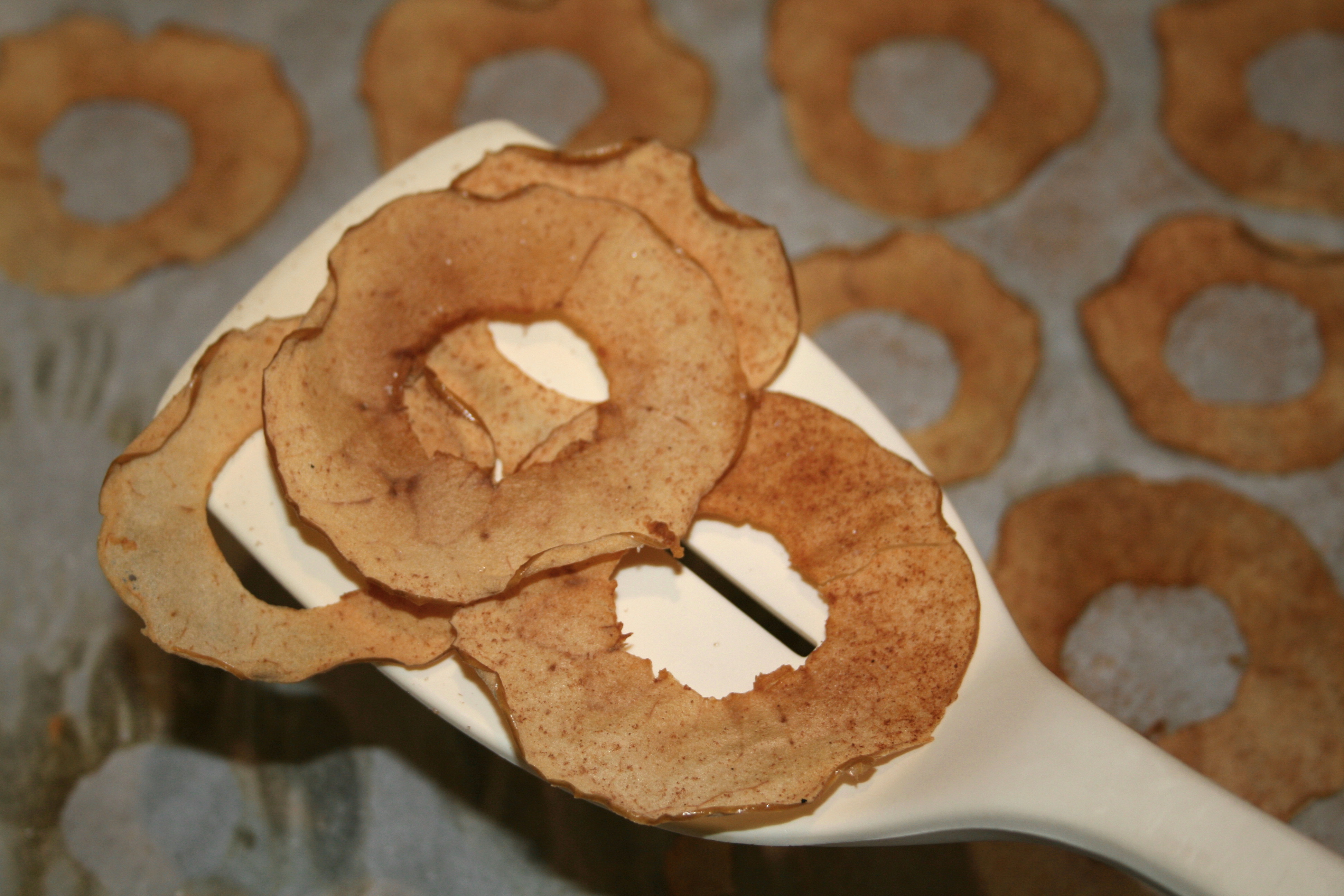 Cinnamon Apple Chips rest atop a white spatula with additional chips unfocused in the backgroundicious.com/cinnamon-apple-chips-for-sundaysupper/