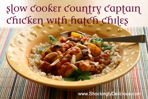 Slow Cooker Country Captain Chicken with Hatch Chiles. Recipe here:https://www.shockinglydelicious.com/slow-cooker-country-captain-chicken-with-hatch-chiles/ 