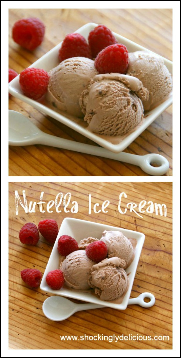 Nutella Ice Cream: A perfect creamy consistency without eggs or cooking, this 5-ingredient milk-chocolatey Nutella Ice Cream is a luxurious treat! #shockinglydelicious #Nutella #icecreamrecipe Nutella Ice Cream recipe on ShockinglyDelicious.com