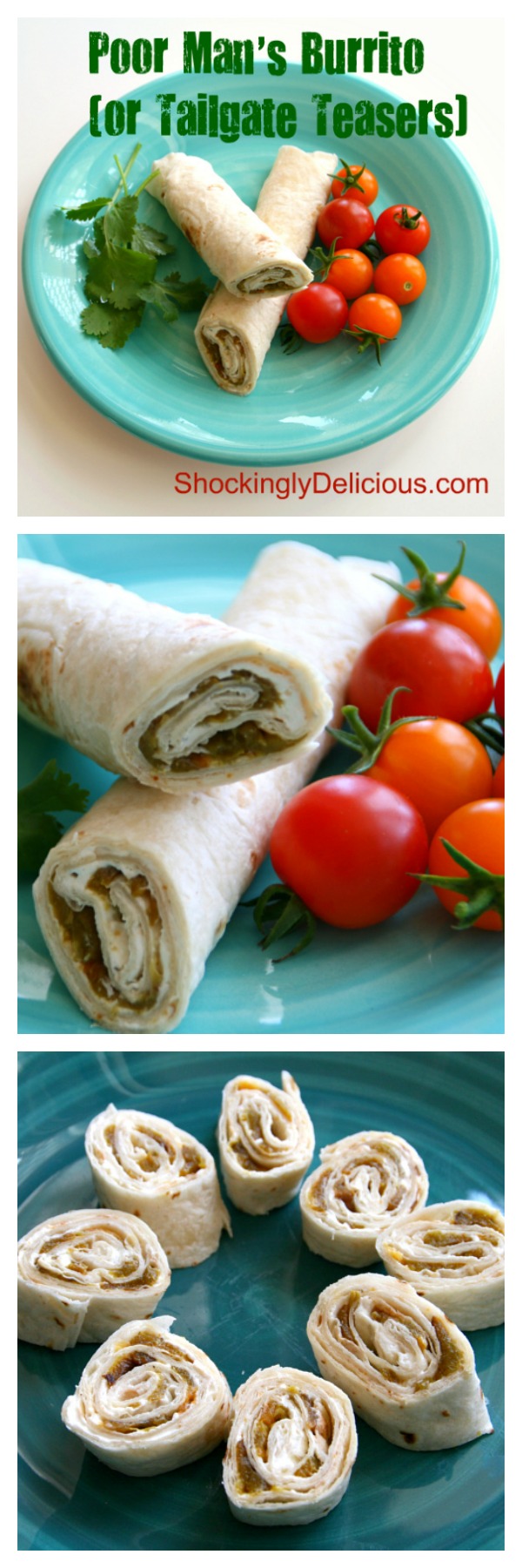 Photo collage of making a Poor Man's Burrito spiral cut snack on Shockingly Delicious