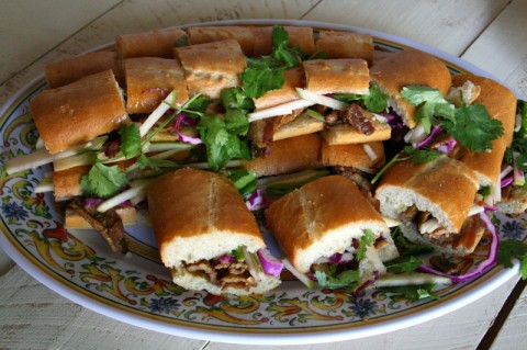 Bahn Mi (sandwich) with Braised Pork Belly with Garlic Confit, Tart Green Apple and Crunchy Red Cabbage