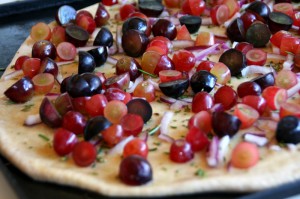 Flatbread with Grapes, Gruyere, Rosemary and Red Onions on Shockingly Delicious. 