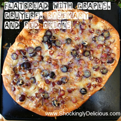 Flatbread with Grapes, Gruyere, Rosemary and Red Onions on Shockingly Delicious. Recipe here: https://www.shockinglydelicious.com/?p=9713