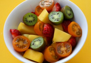 Fruit Salad with Tomatoes closeup on ShockinglyDelicious