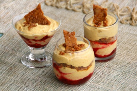 Pumpkin Mousse with Toffee Crunch and Cran-Raspberry Sauce