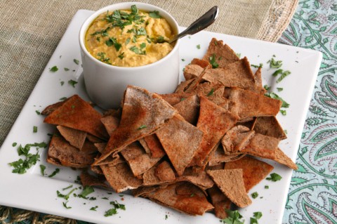 Pumpkin Hummus with Spiced Baked Whole Wheat Pita Chips