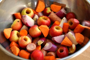 Roots and Fruits in a mixing bowl