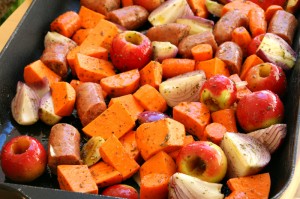 Roasted Roots and Fruits with Sausage on ShockinglyDelicious.com. Recipe here: https://www.shockinglydelicious.com/?p=10033