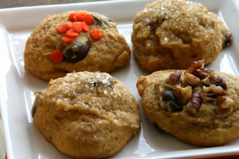 4 Pumpkin Chocolate Chip Cookies on a square white plate