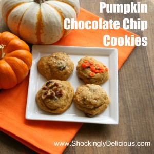 Pumpkin Chocolate Chip Cookies on a white plate on an orange napkin