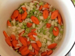 Onion, carrots and celery for Winter Soup. Recipe here: https://www.shockinglydelicious.com/?p=10558