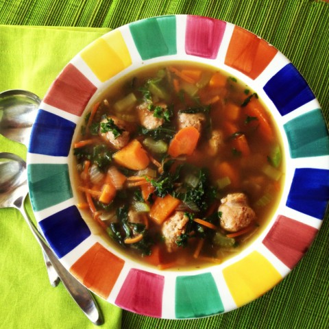 Sweet Potato, Sausage, Kale and Farro Soup. Recipe here: https://www.shockinglydelicious.com/?p=10558