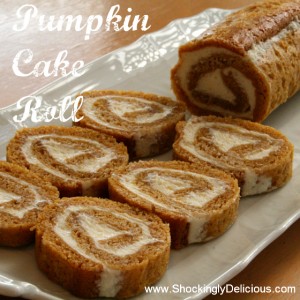 Pumpkin Cake Roll on ShockinglyDelicious. Recipe here: https://www.shockinglydelicious.com/?p=10246