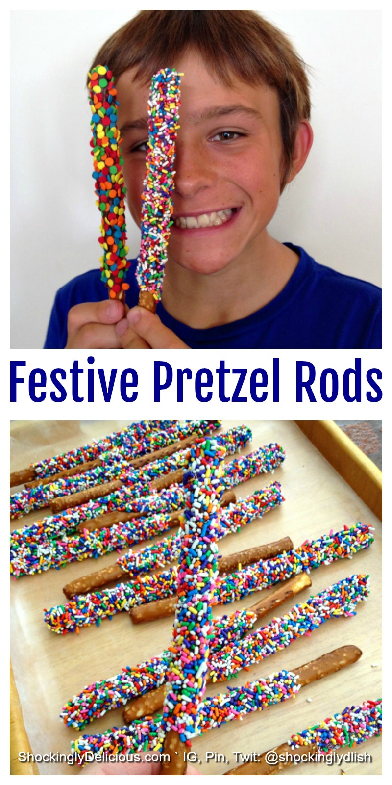 A boy holds Festive Pretzel Rods in front of his face in the top photo, and in the bottom photo the decorated rods are on a cookie sheet