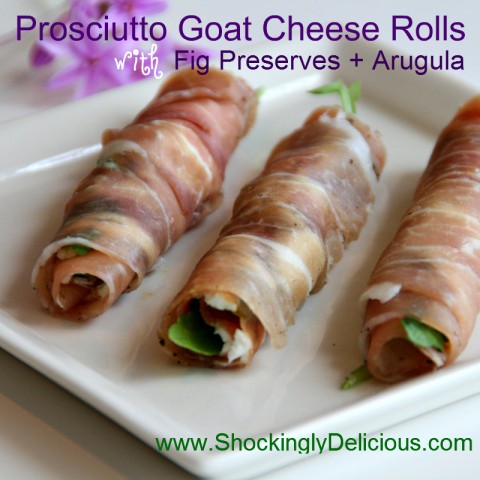 Prosciutto Goat Cheese Rolls with Fig Preserves and Arugula on Shockingly Delicious. Recipe here: https://www.shockinglydelicious.com/?p=10622