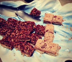 Pecan Pie Bars on Dolphin platter with Rosemary Apricot Bars. Recipe here: https://www.shockinglydelicious.com/?p=10780